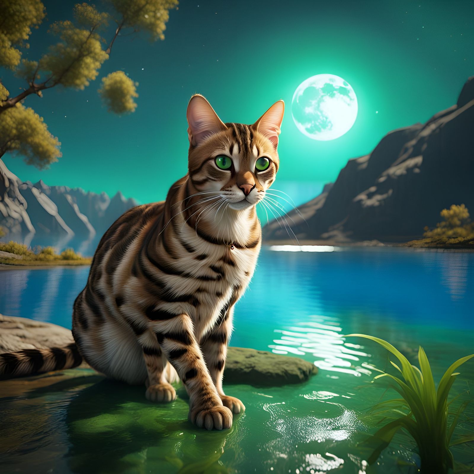 Bengal Cat Drinks from Blue Lake: Fantasy Art