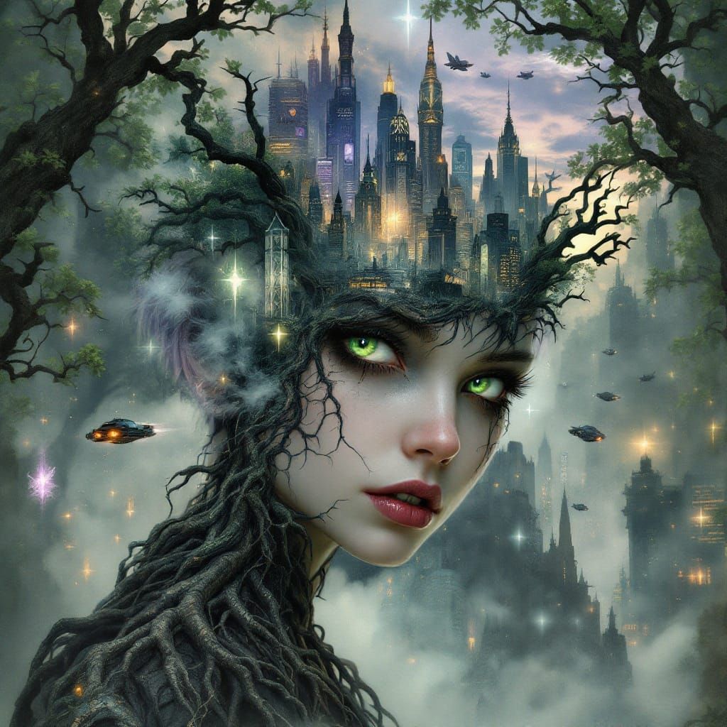 Gothic Fairy Transformed into Ancient Tree Roots in Cyberpun...