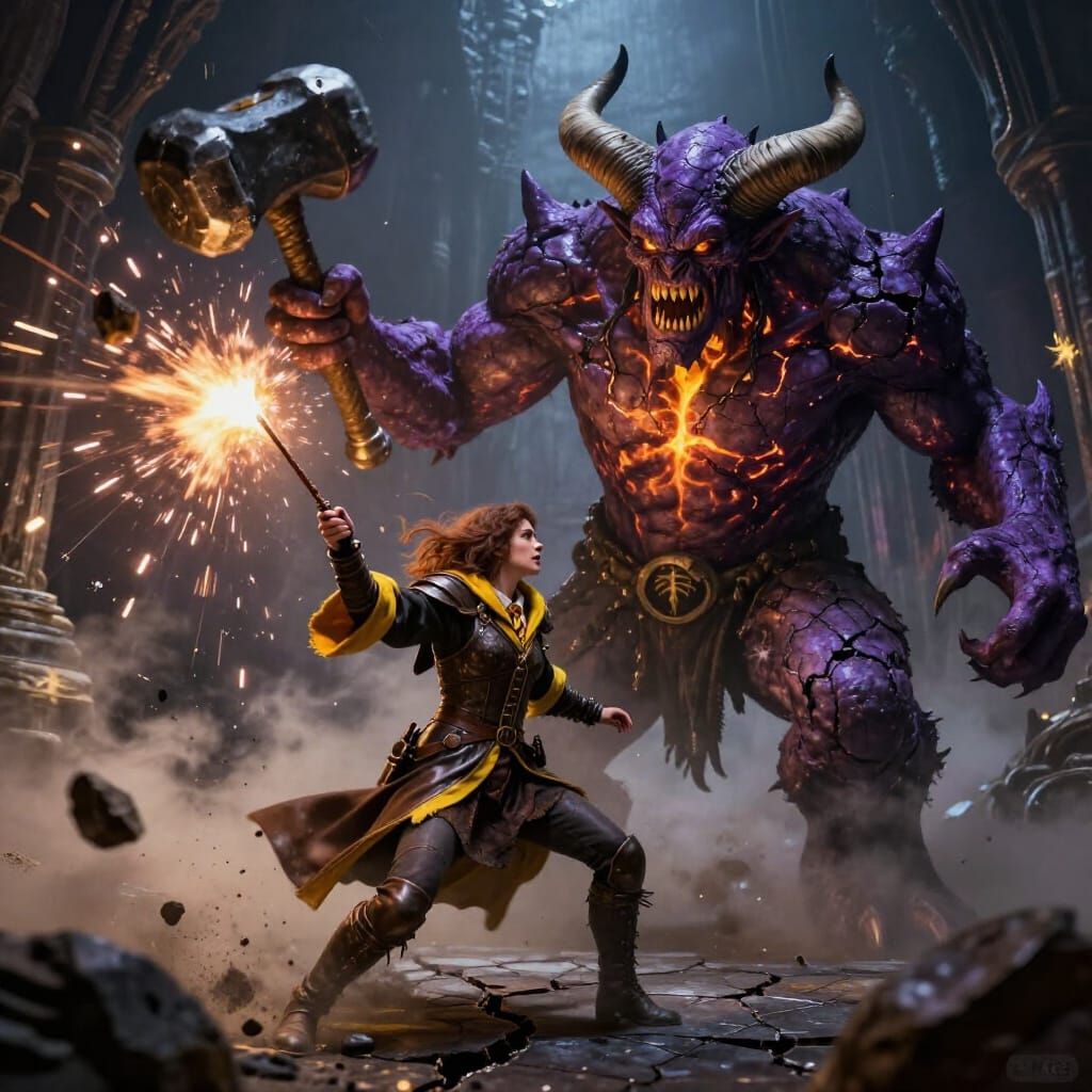 Hufflepuff Warrior Battles Fiery Demonic Troll