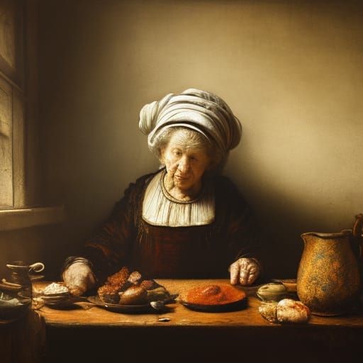 Old Woman in Kitchen as Rembrandt-Style Painting