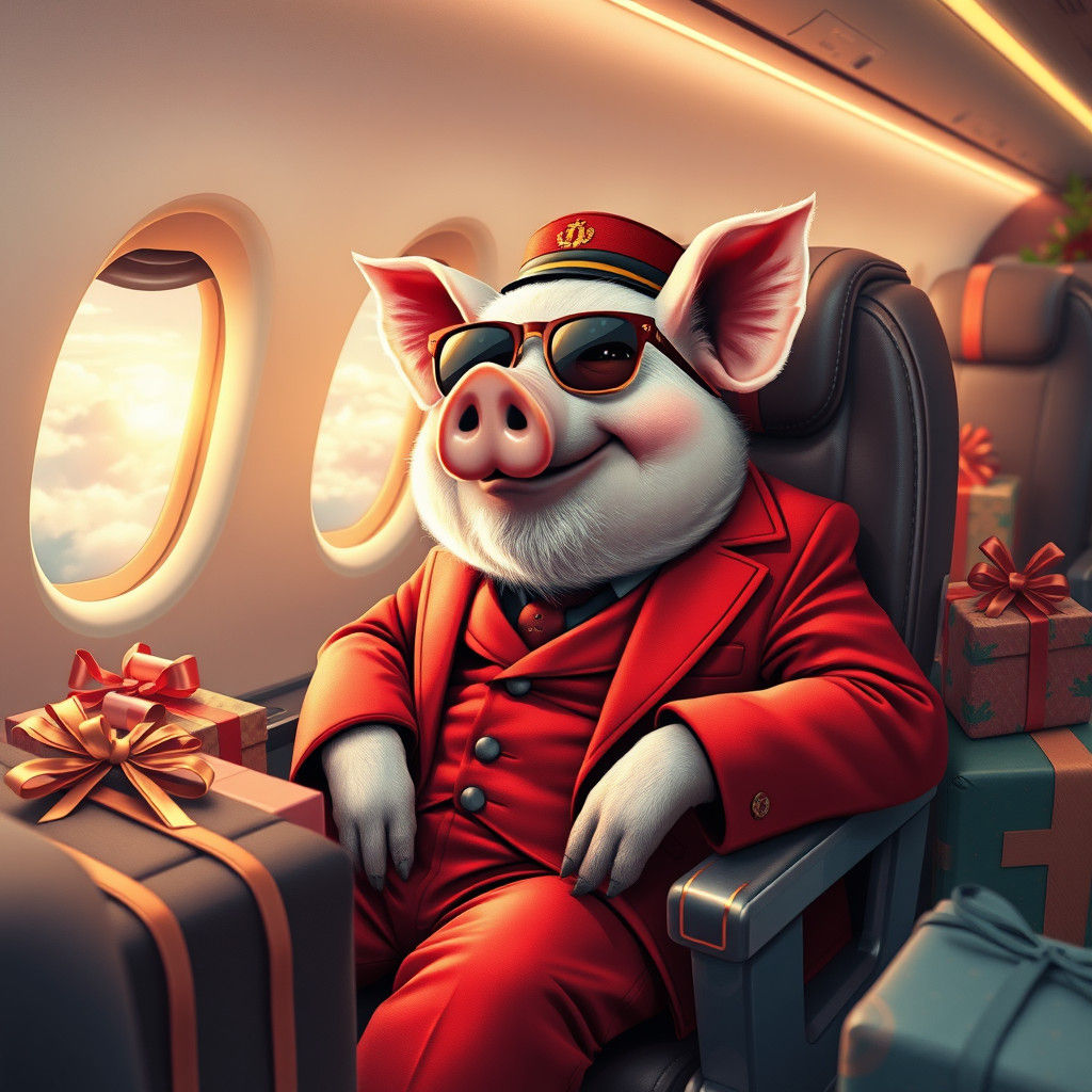 Santa Pig Pilot on Passenger Jet, Digital Art