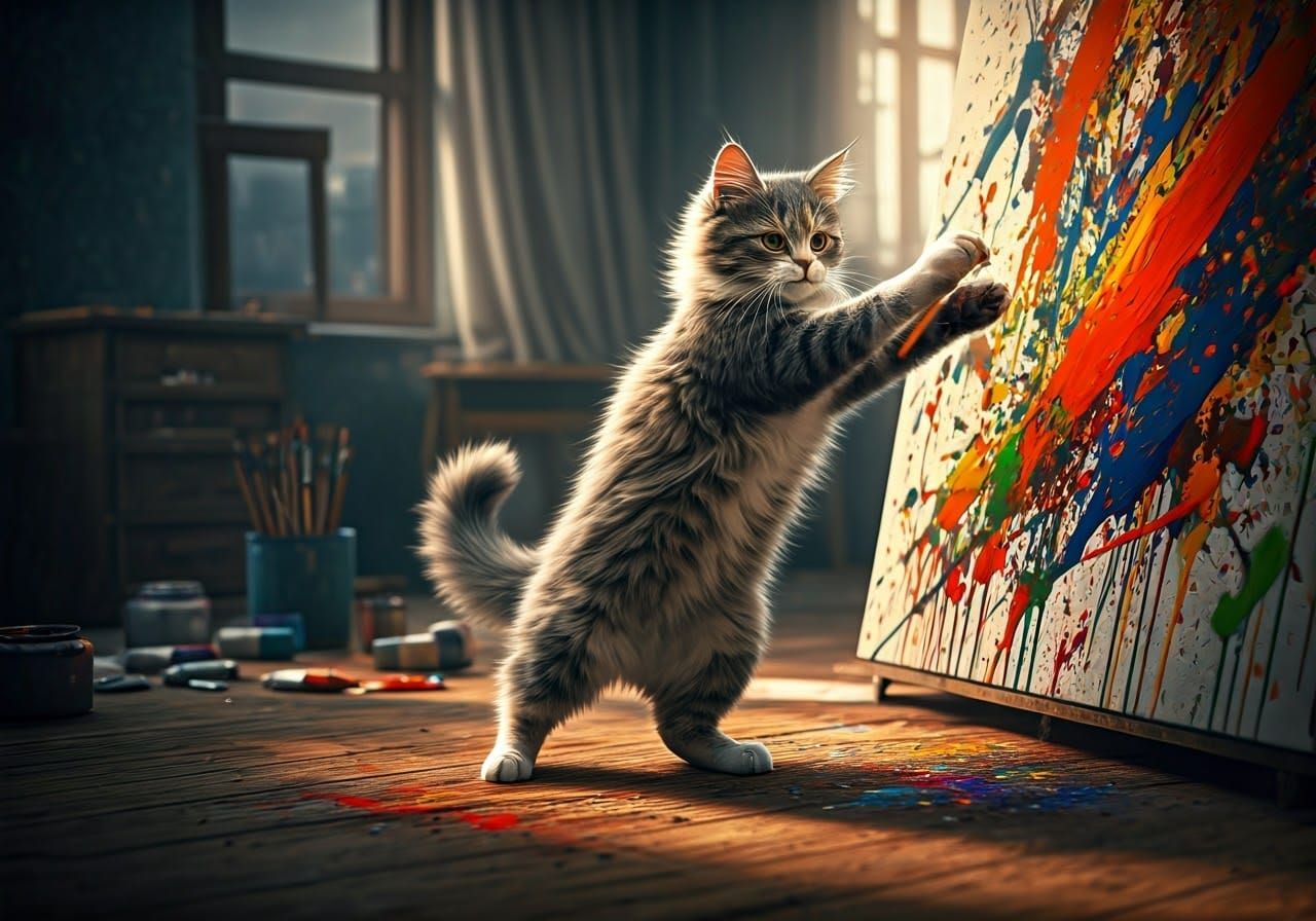A cat making a Jackson Pollock style action painting