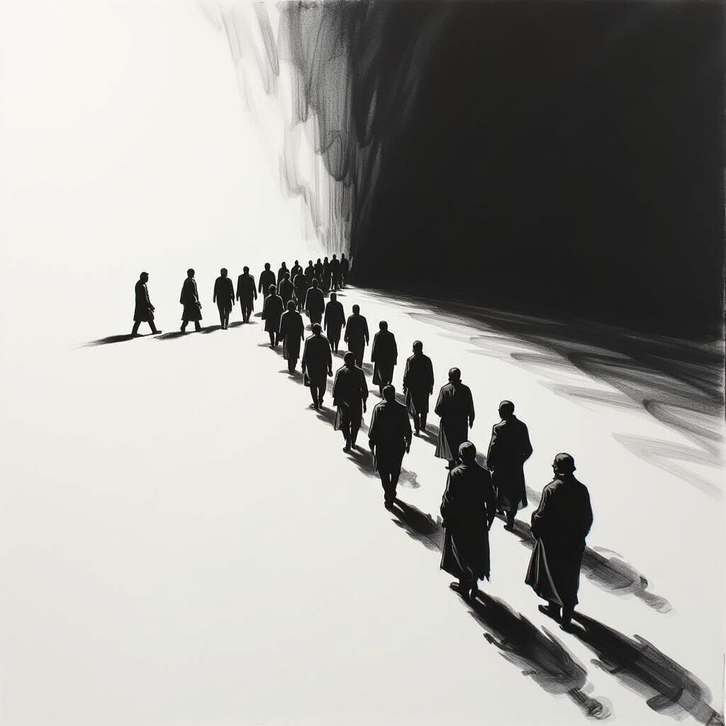 Minimalist Charcoal Drawing of Figures Exiting Blank Canvas