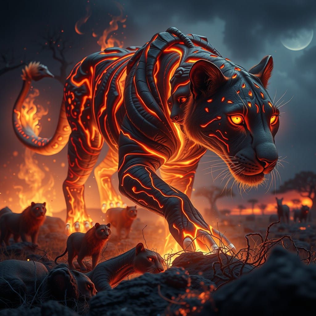 Fierce Expressist Lions Roam the African Savannah in Vibrant...