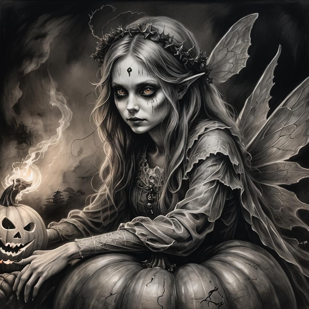 Ethereal Ghost Fairy Portrait in Charcoal Drawing