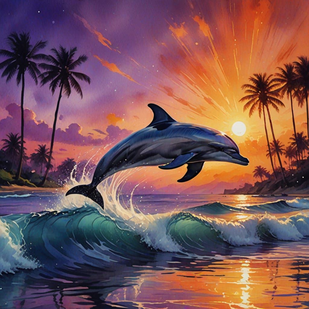 Dolphin Leaping From Sea at Sunset in Surreal Watercolor Sty...