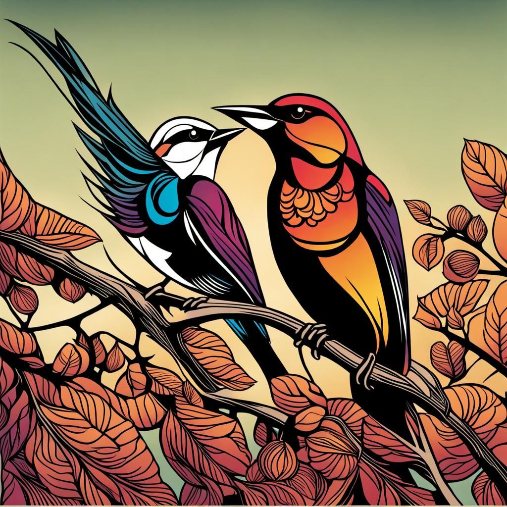 Courting Birds in Coloring Book Style