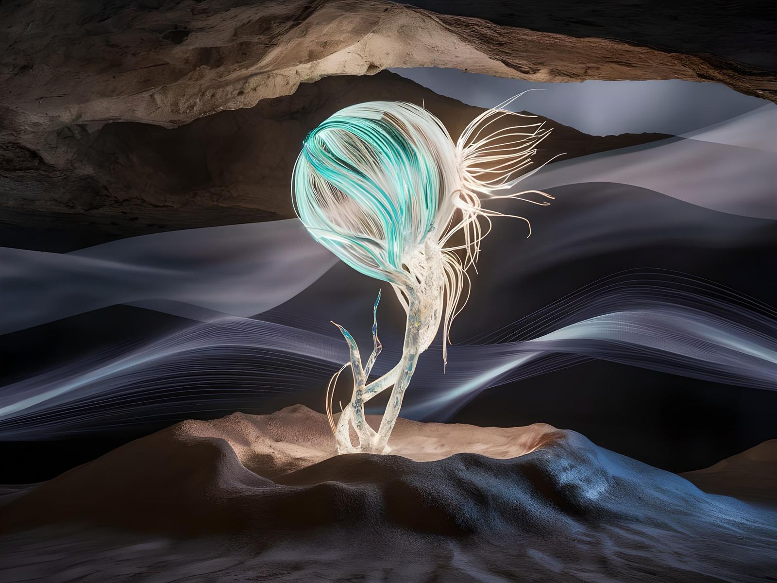 Luminescent Sprite in Cave with Shadowy Fog