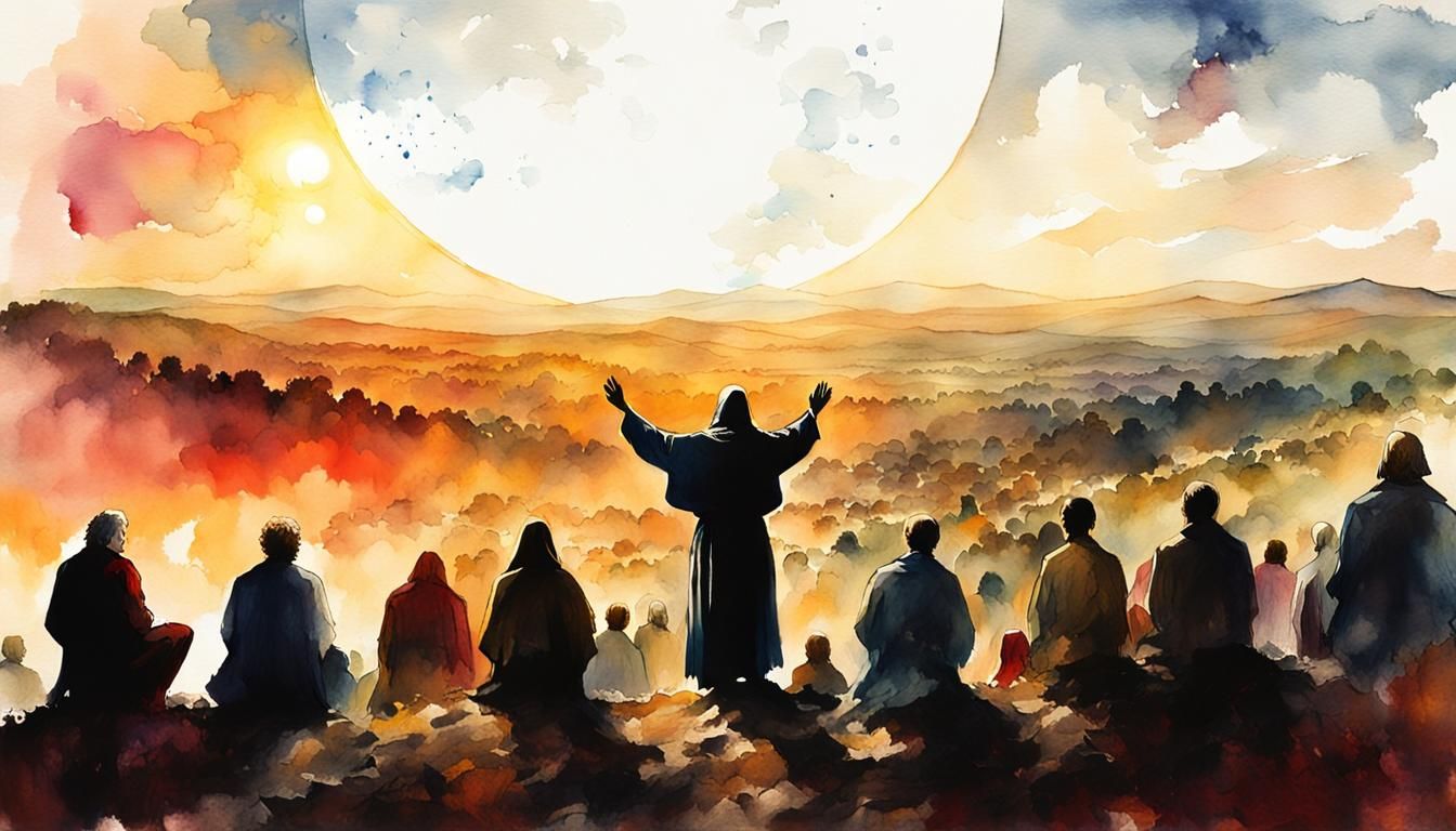 Messiah's Hilltop Eclipse: Impressionistic Watercolor Art