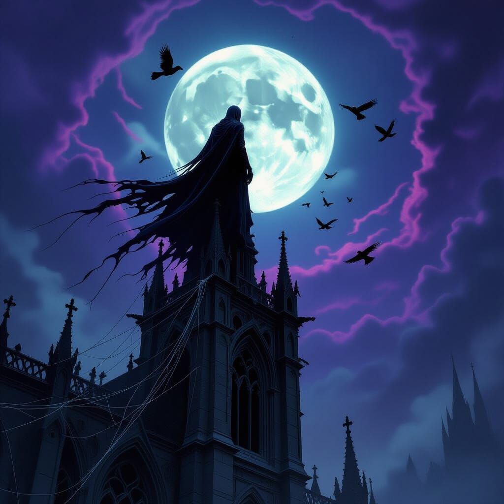 Skeletal Figure on Gothic Spire Under Alien Sky