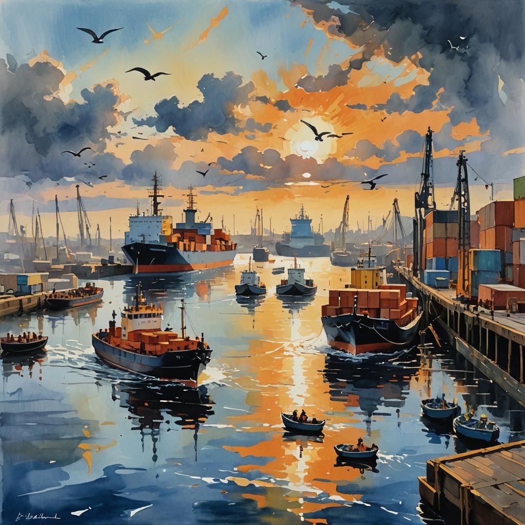 Barge Departs Port in Impressionistic Gouache Style