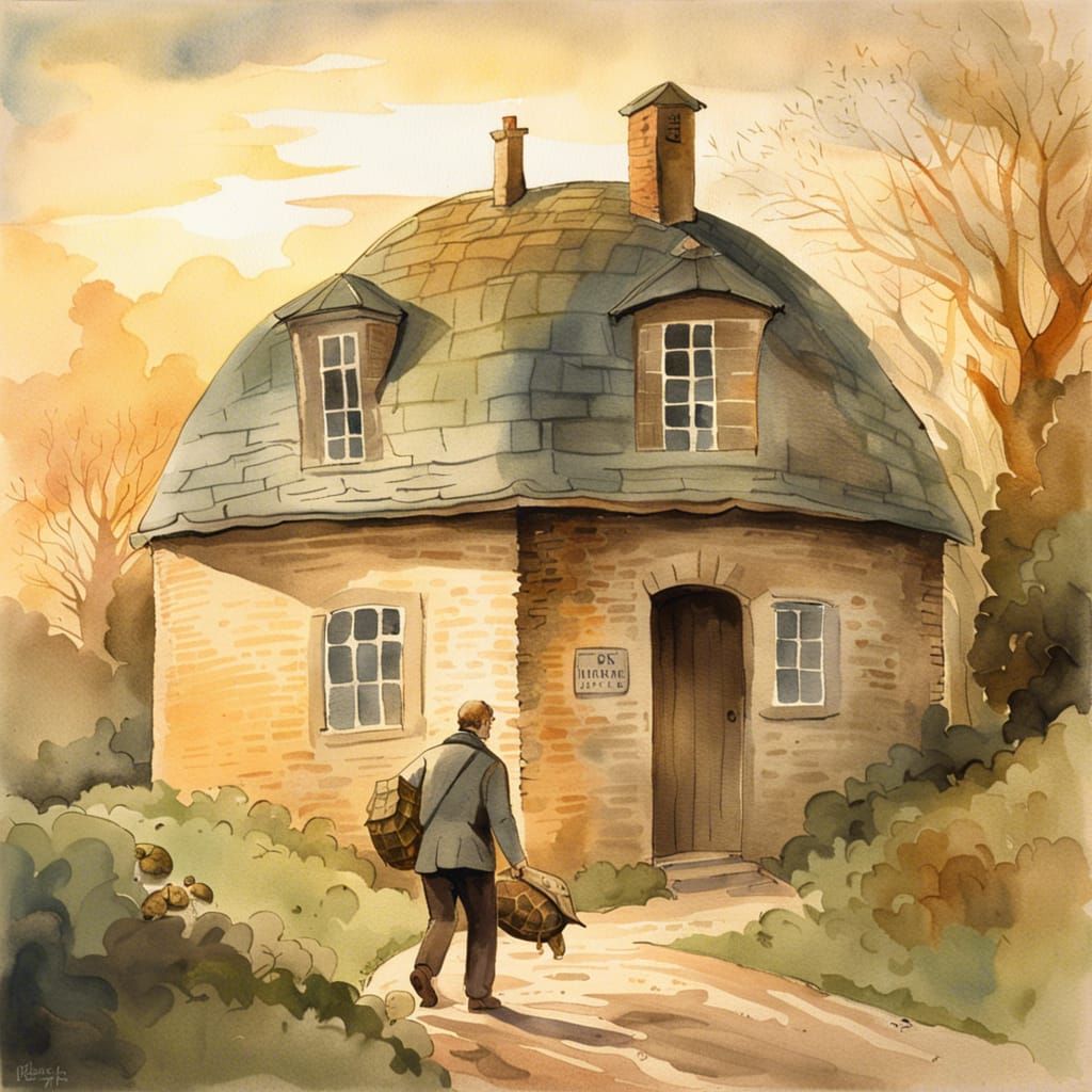 Man with Tortoise Shell House in Watercolor Style