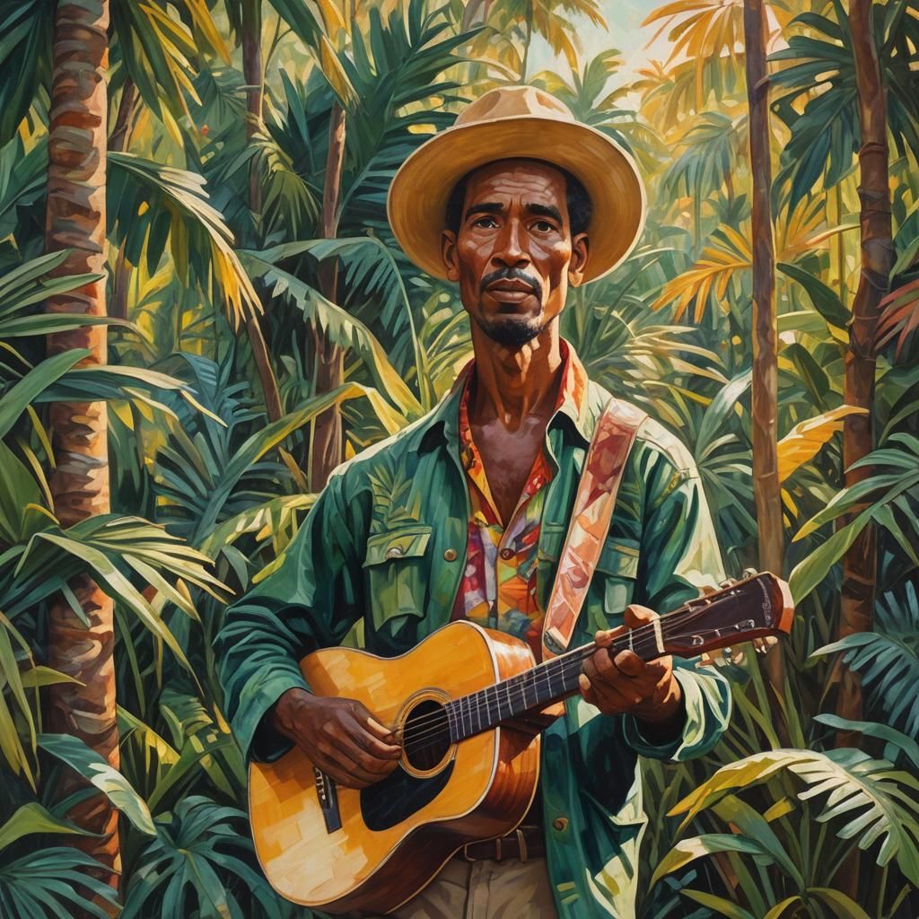 Cuban Poet in Jungle: Impressionistic Oil Painting