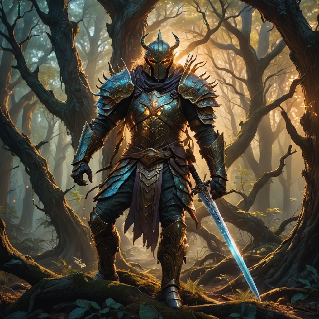 Fantasy Warrior in Mystical Forest, Art Nouveau Style