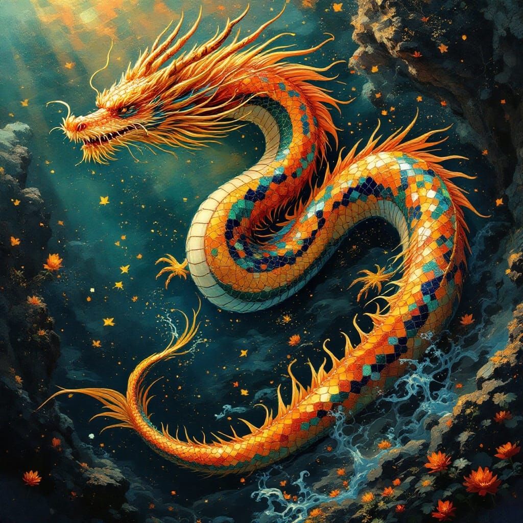 Majestic Ancient Sea Dragon in Vibrant Mosaic