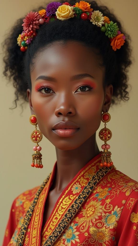 African Chinese Goddess in Vibrant Traditional Attire