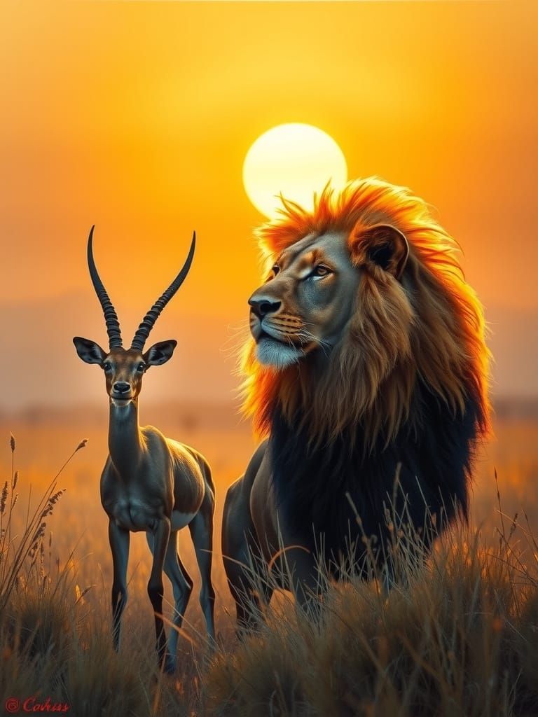 Majestic Lion and Gazelle in Golden Dawn Savanna Oil Paintin...