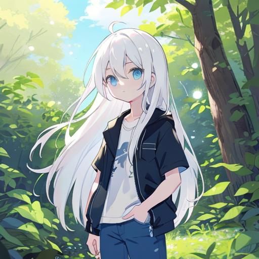Monochrome Sketch of White-Haired Girl Outdoors