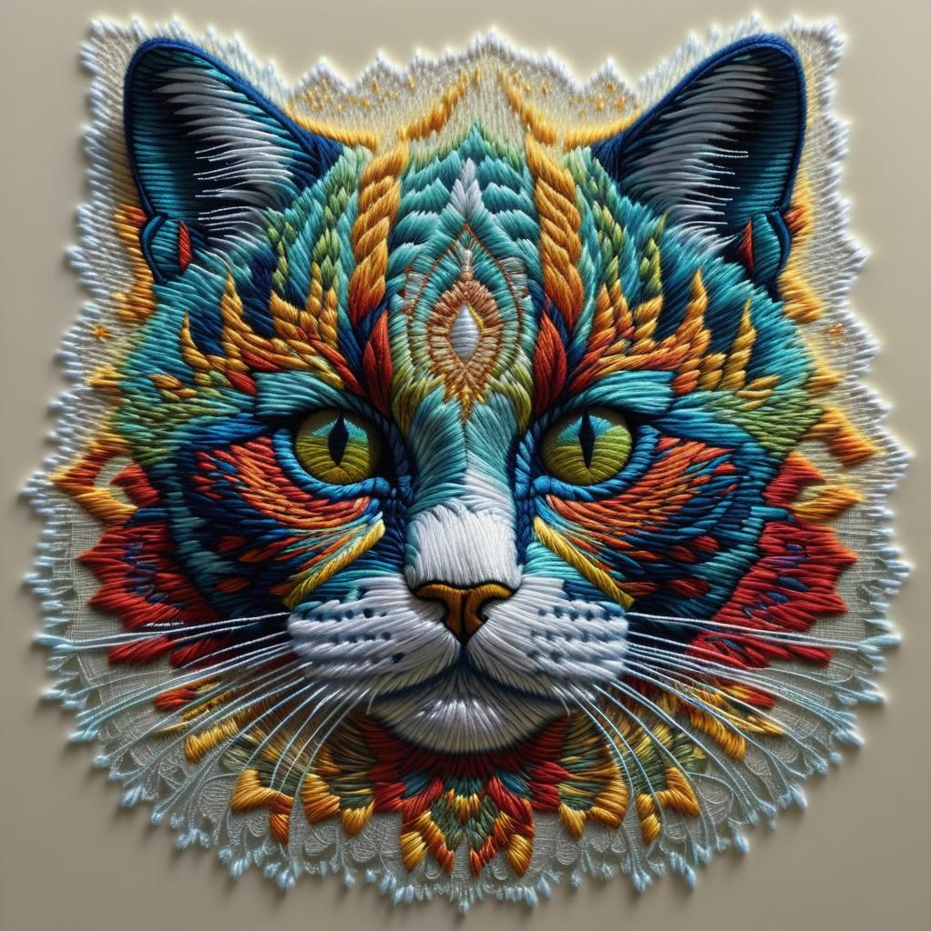 Psychedelic Fractal Embroidery of a Cat Face