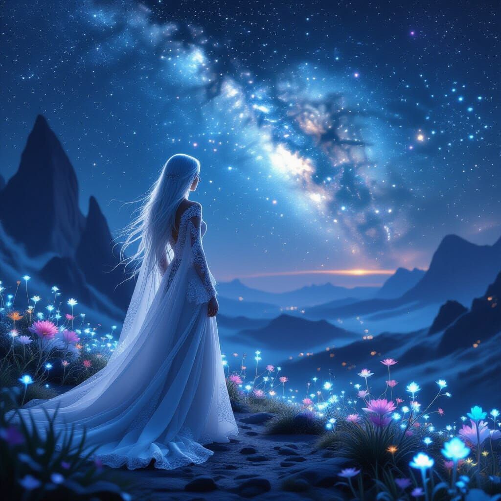 Ethereal Woman on Crystalline Planet at Night
