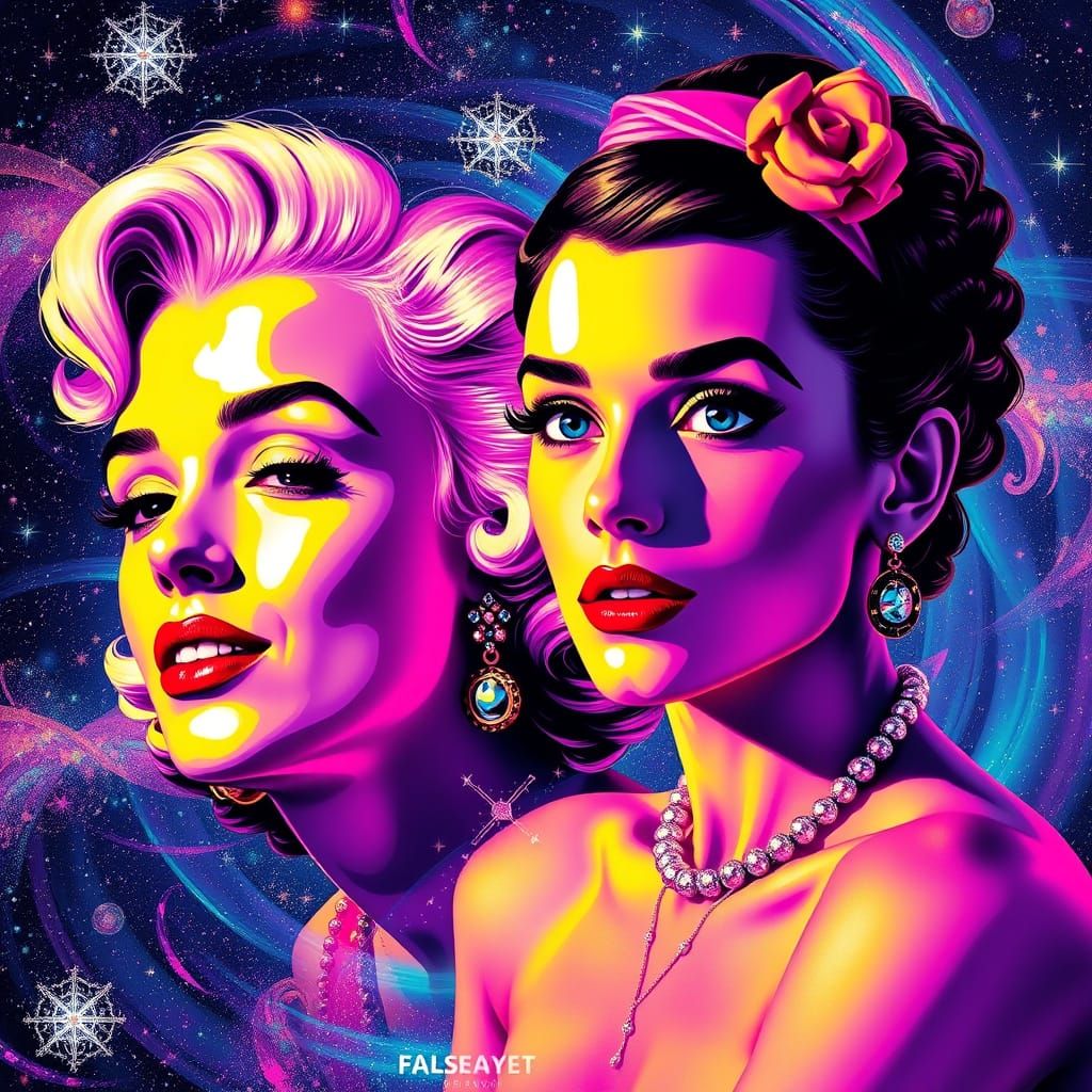 Marilyn Monroe and Audrey Hepburn in Vibrant Cosmic Pop Art
