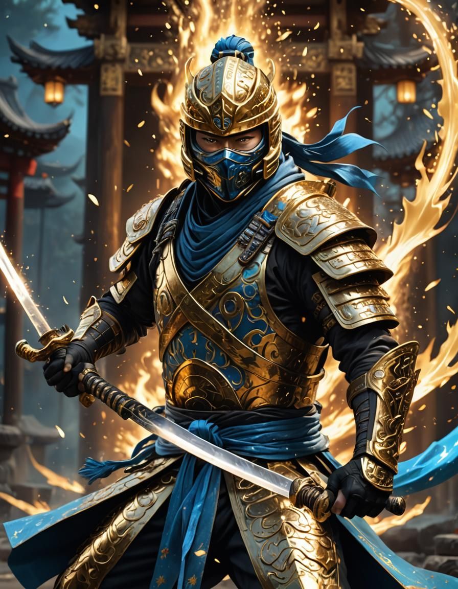 Ninja in Gold Armor with Blue Flames