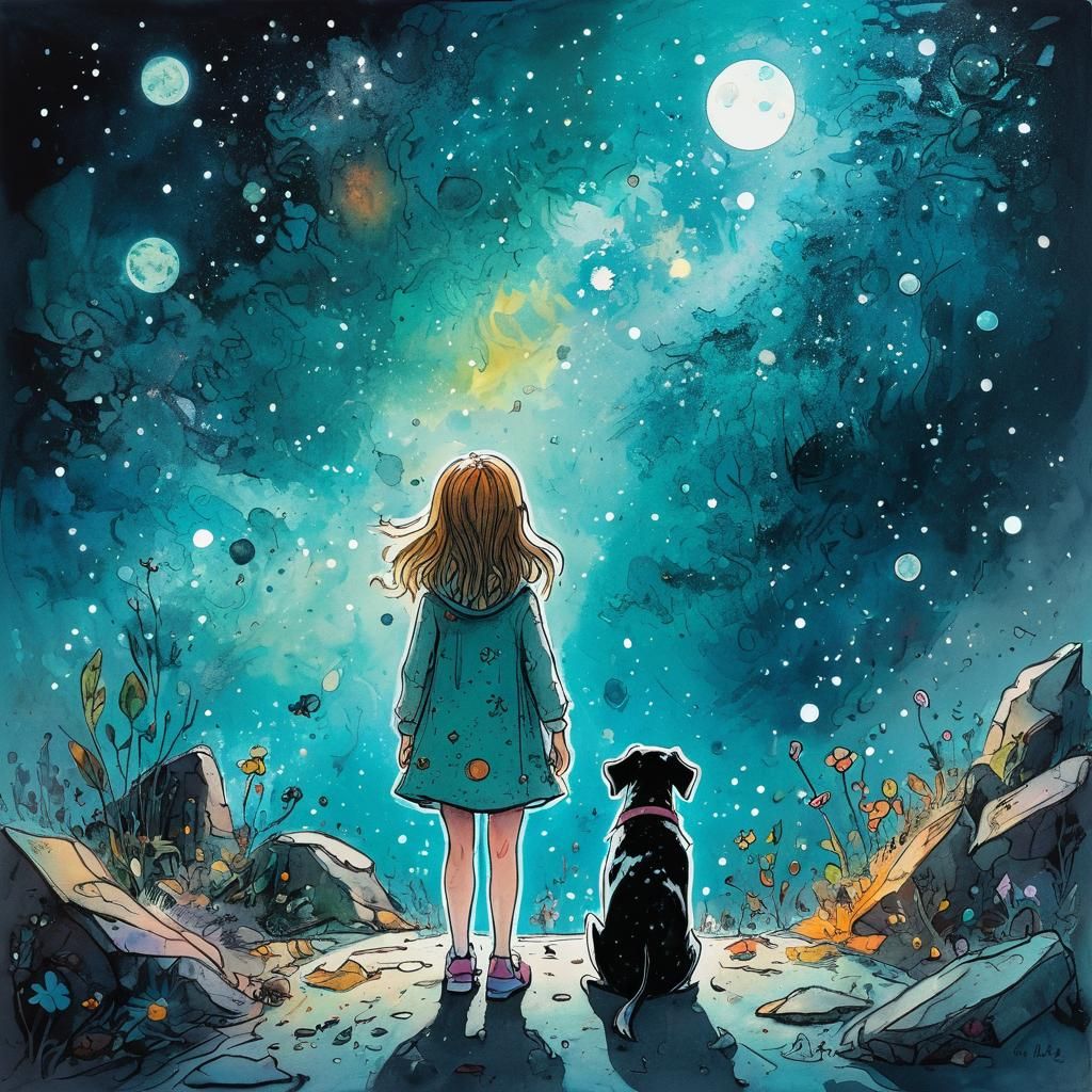 Girl and Dog in Whimsical Cosmic Landscape