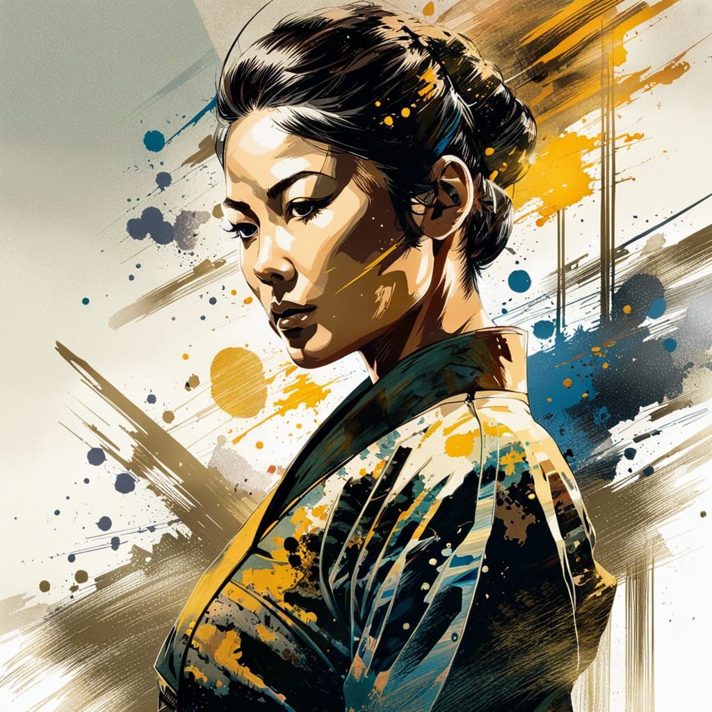 Martial Arts Girl Portrait with Ink Splatter Effects