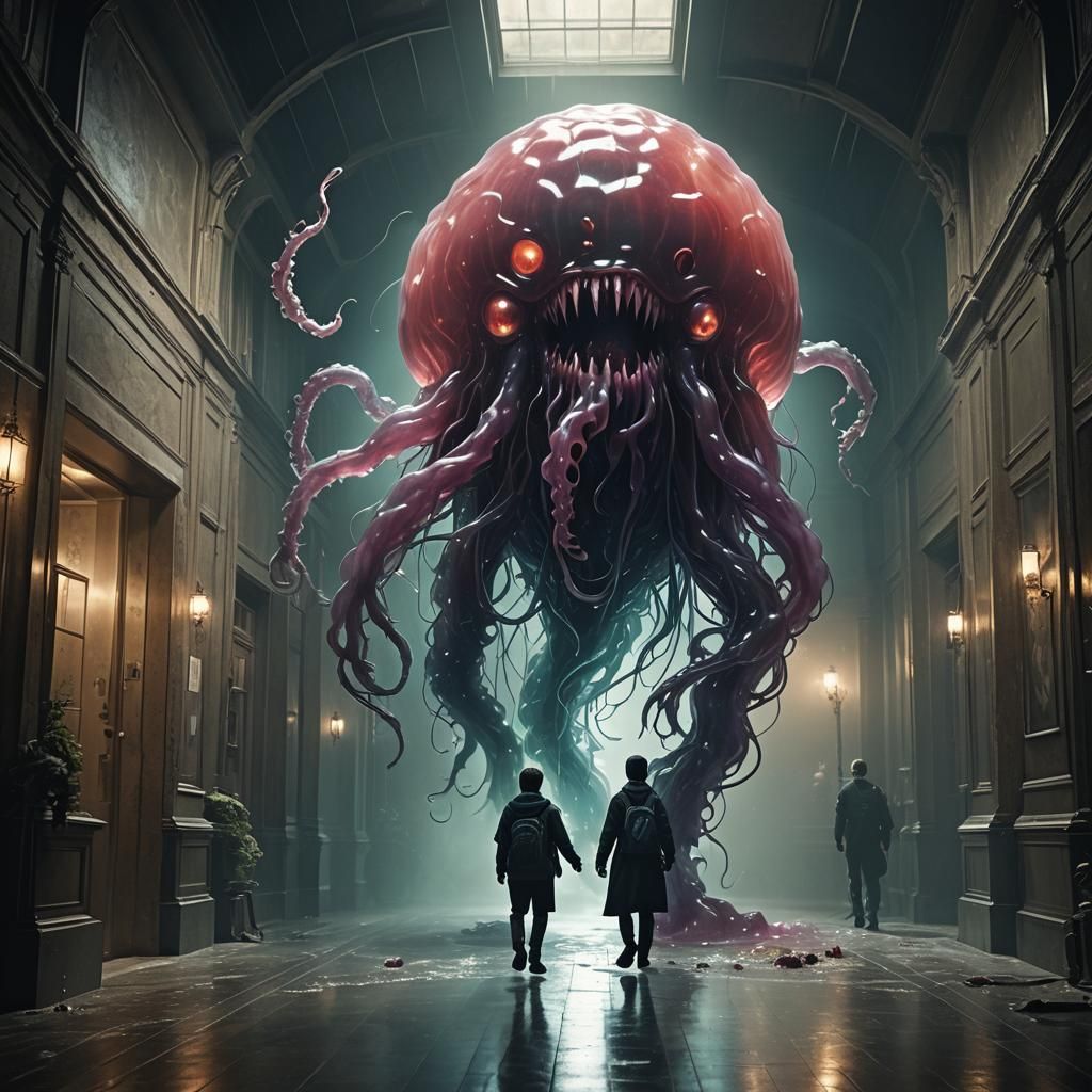 Giant Jelly Monster Chase: Surreal Digital Painting