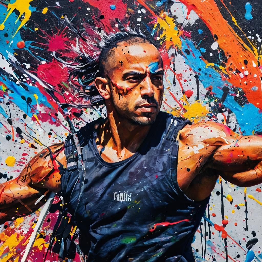 Furious Warrior in Battle as Graffiti Art