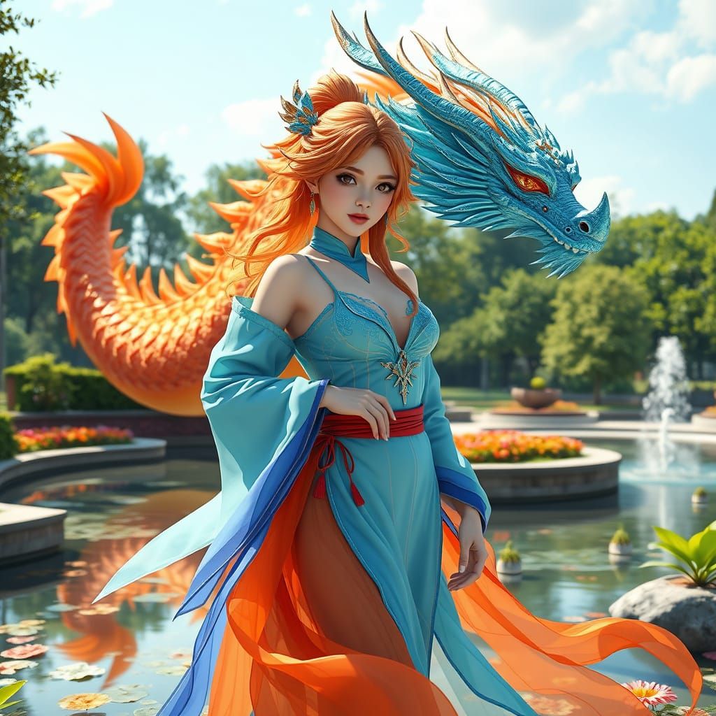 Majestic Fantasy Girl Surrounded by Dragons in Serene Park