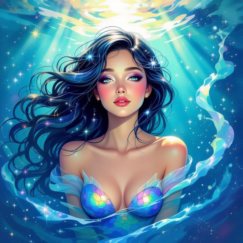Cosmic Mermaid Portrait in Dreamlike Gouache Style