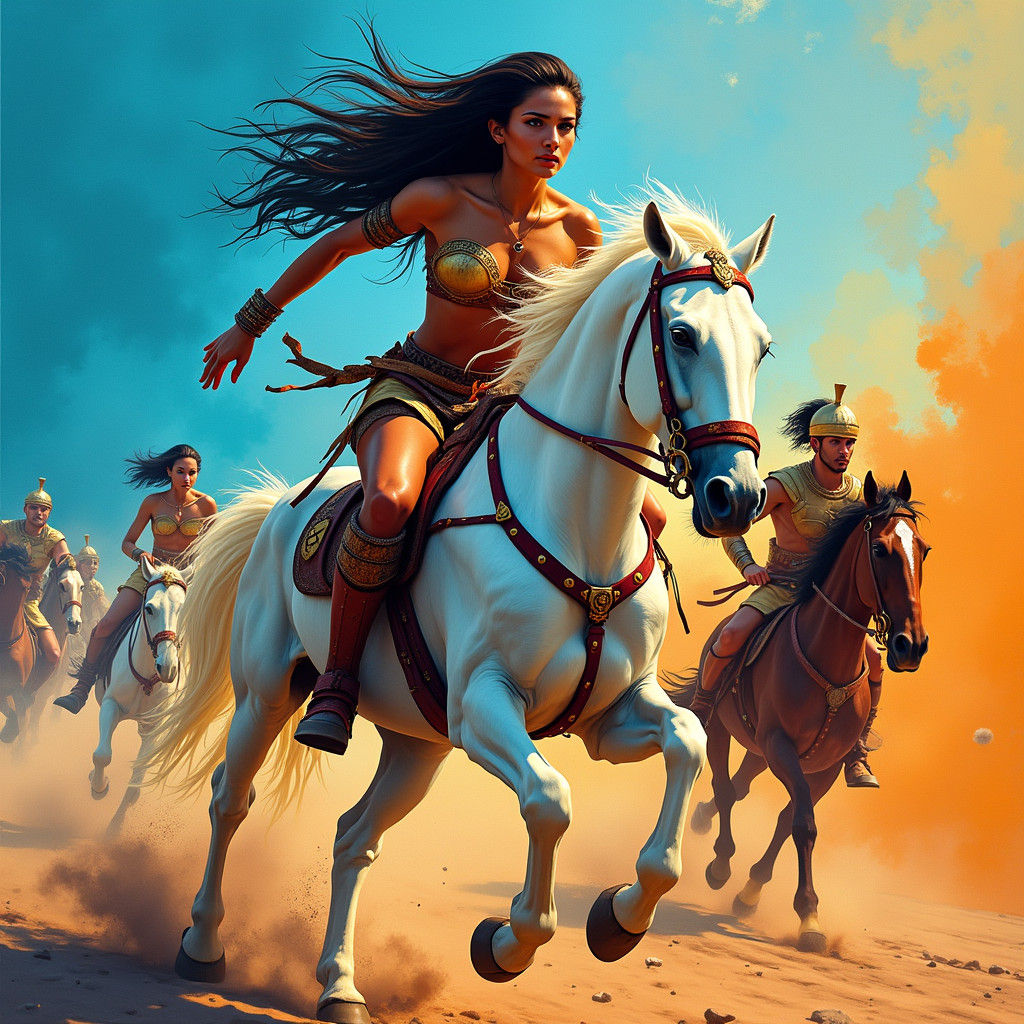 Amazon Warrior on Horseback in Street Art Style