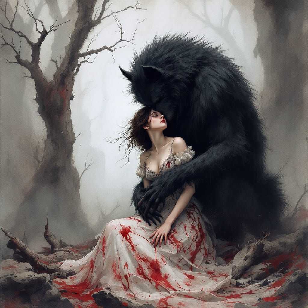 Ethereal Gothic Romance: Woman Embraced by Werewolf
