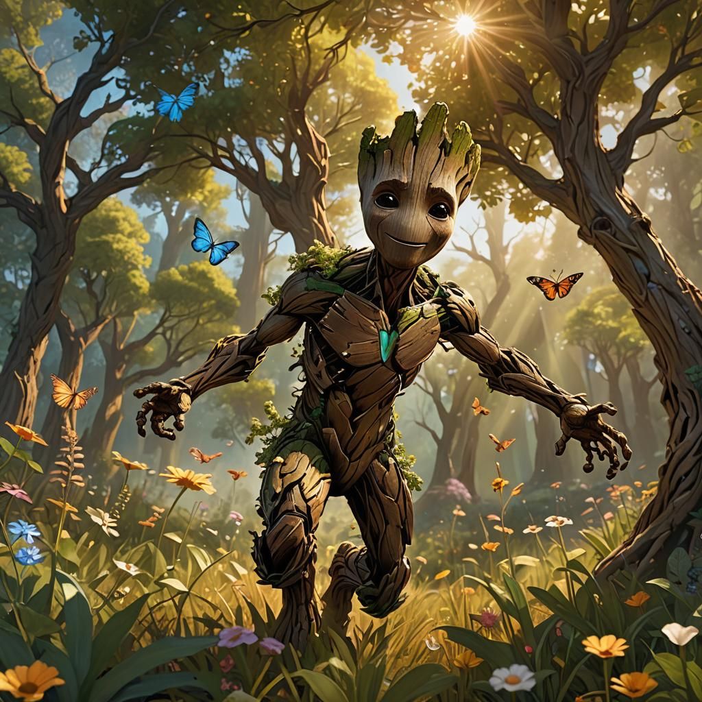 Young Groot Chasing Butterfly in Sunny Meadow