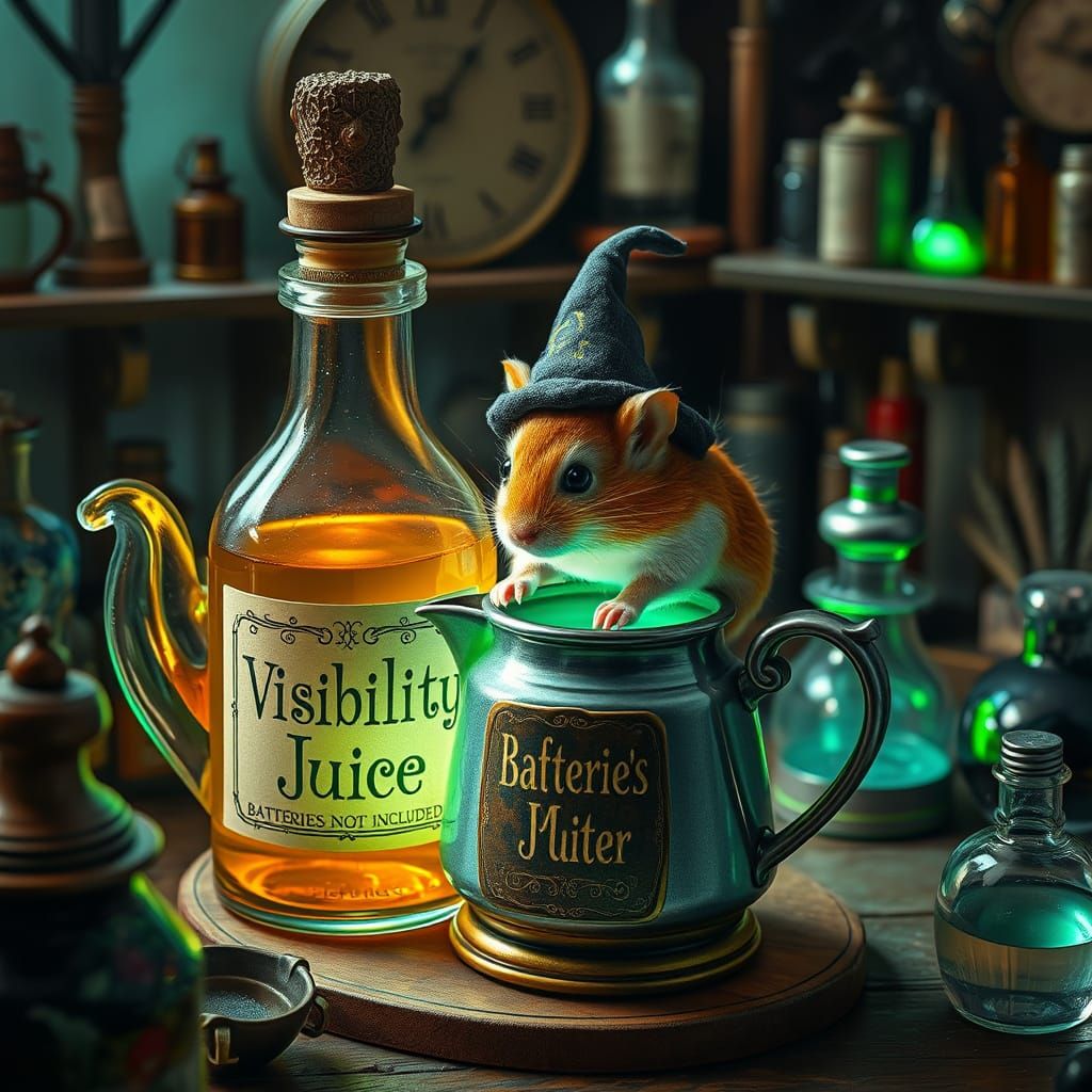 A tea bottle with a mischievous hamster wearing a small wizard's hat stirs a potion in a mini-kettle labeled "Visibility...