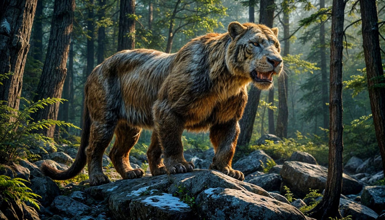 Saber-Toothed Tiger in Snowy Forest, Cinematic Photography