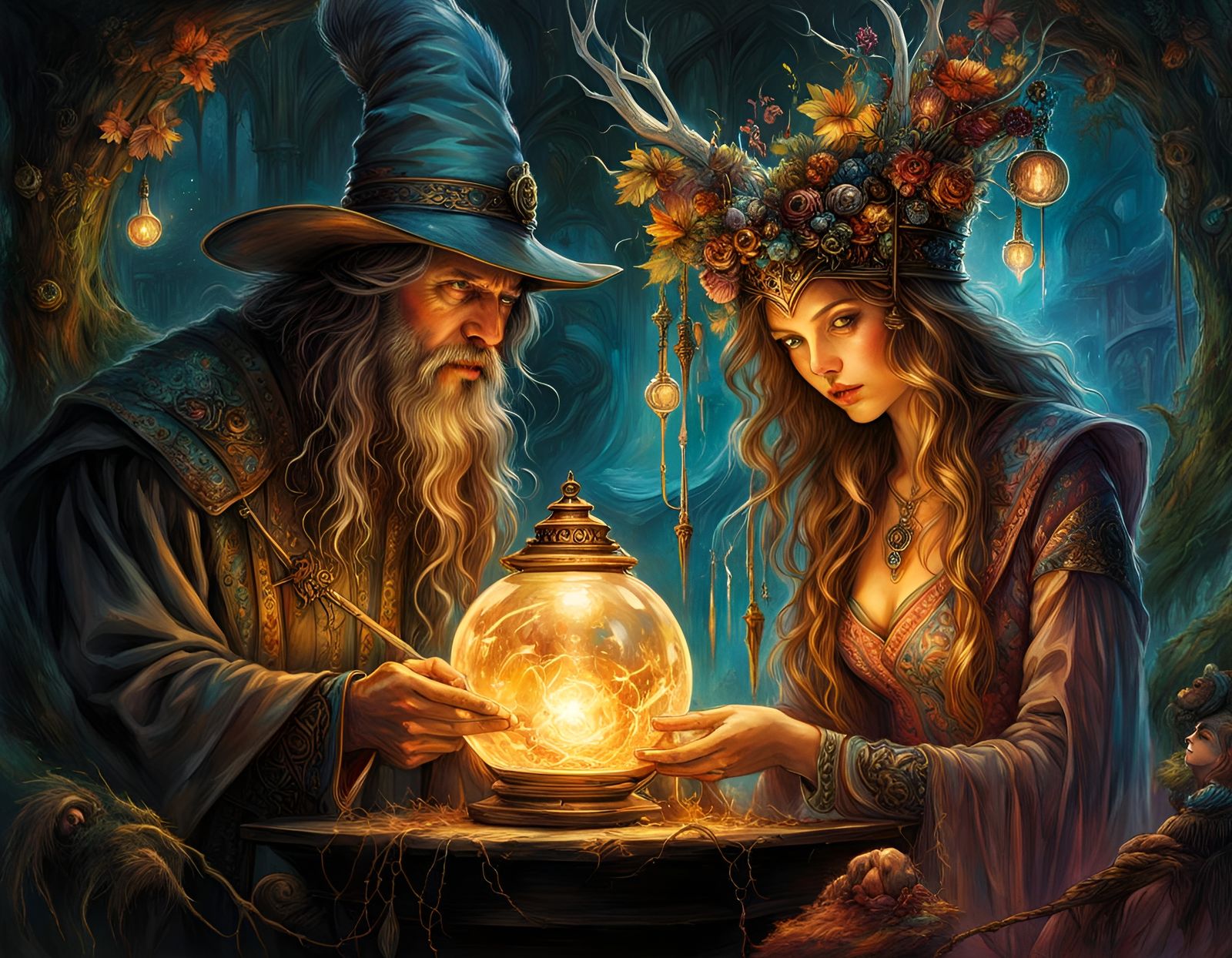 Sorcerer and Apprentice with Magic Book and Orb