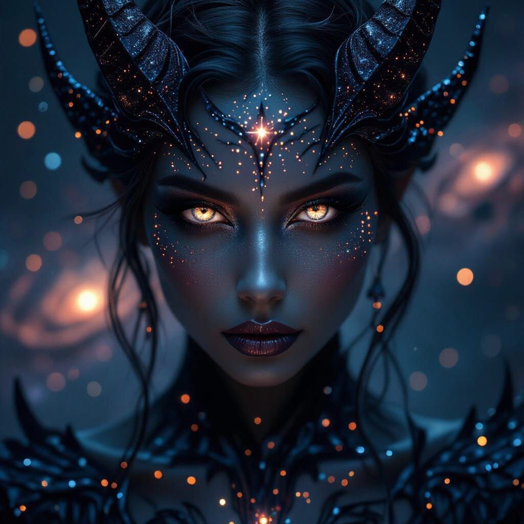Ethereal Demoness with Obsidian Skin and Cosmic Patterns