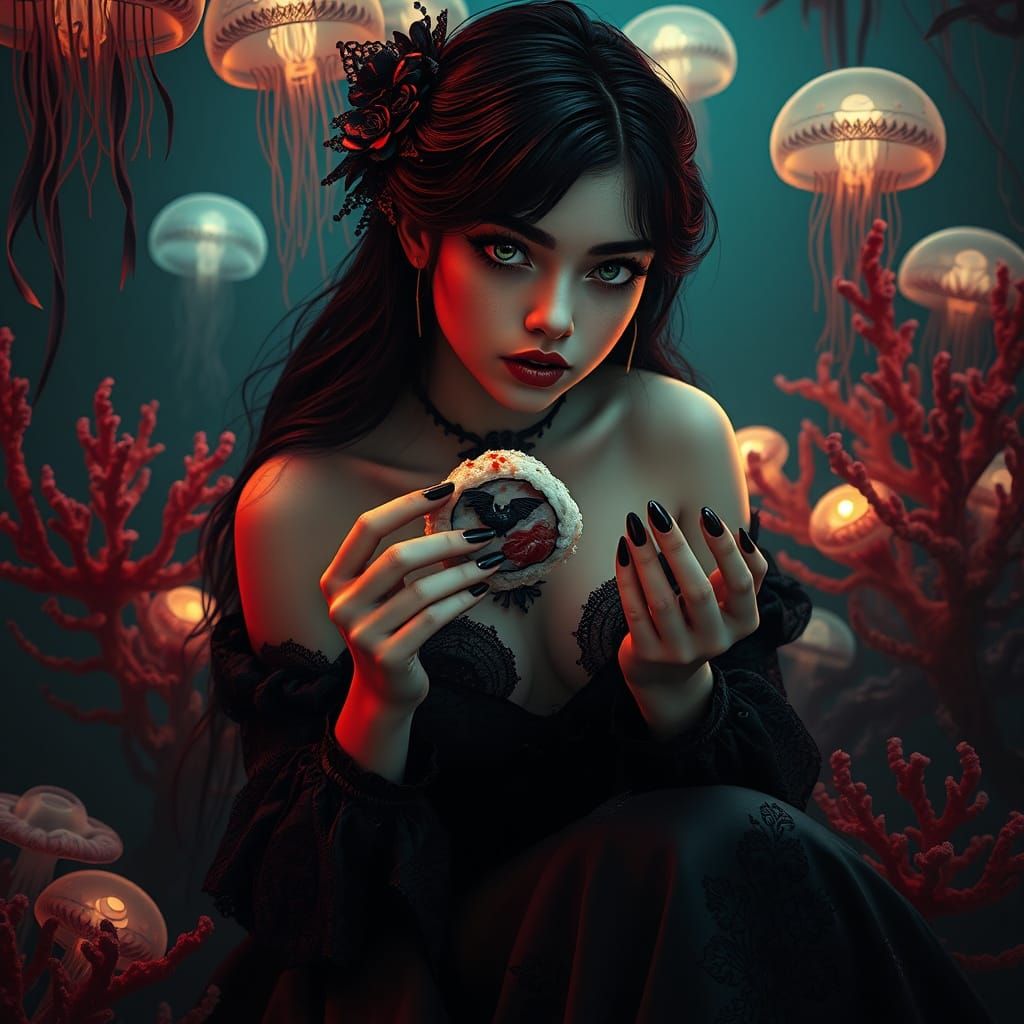 Porcelain Beauty in Crimson Depths