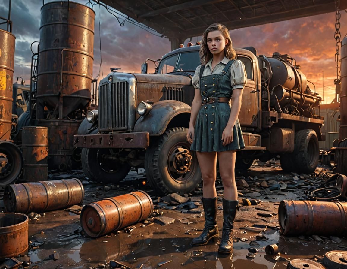 Dieselpunk Girl in 1940s Industrial Workshop