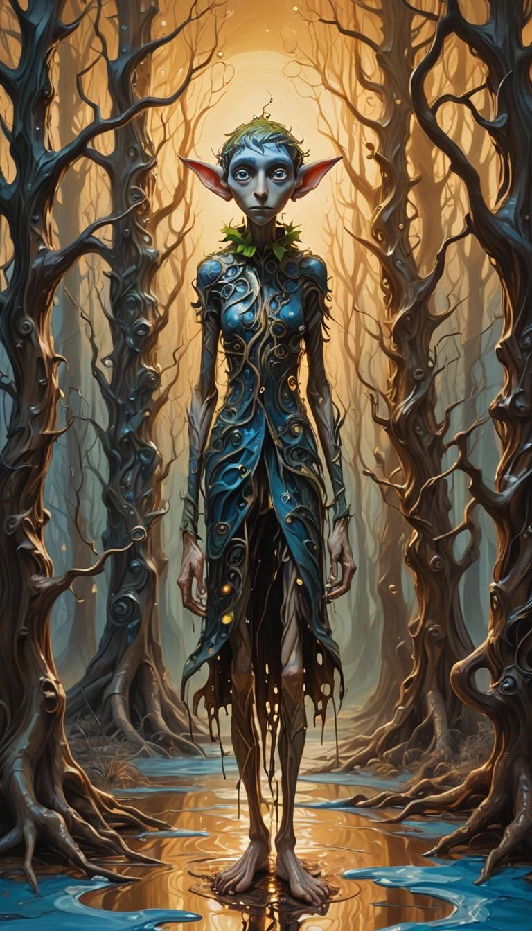 Surreal Elf in Dreamlike Melting Christmas Landscape