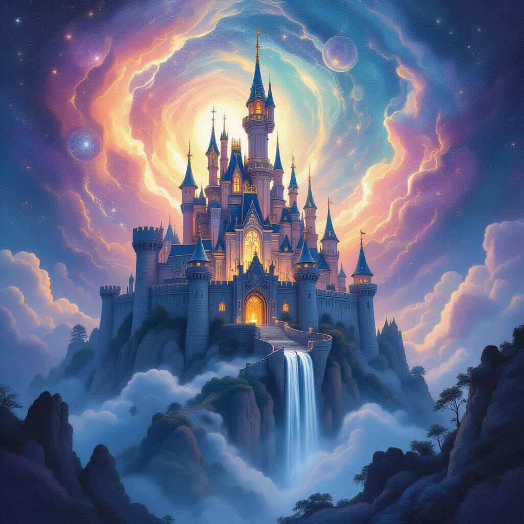 Ancient Castle in Cosmic Nebula - Storybook Fantasy