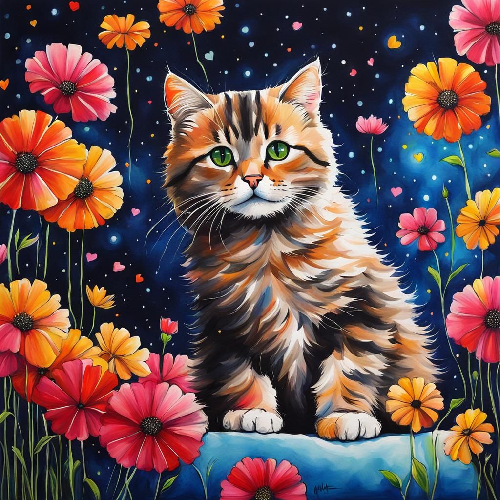 Cat on Pillow with Flowers in Watercolor Style