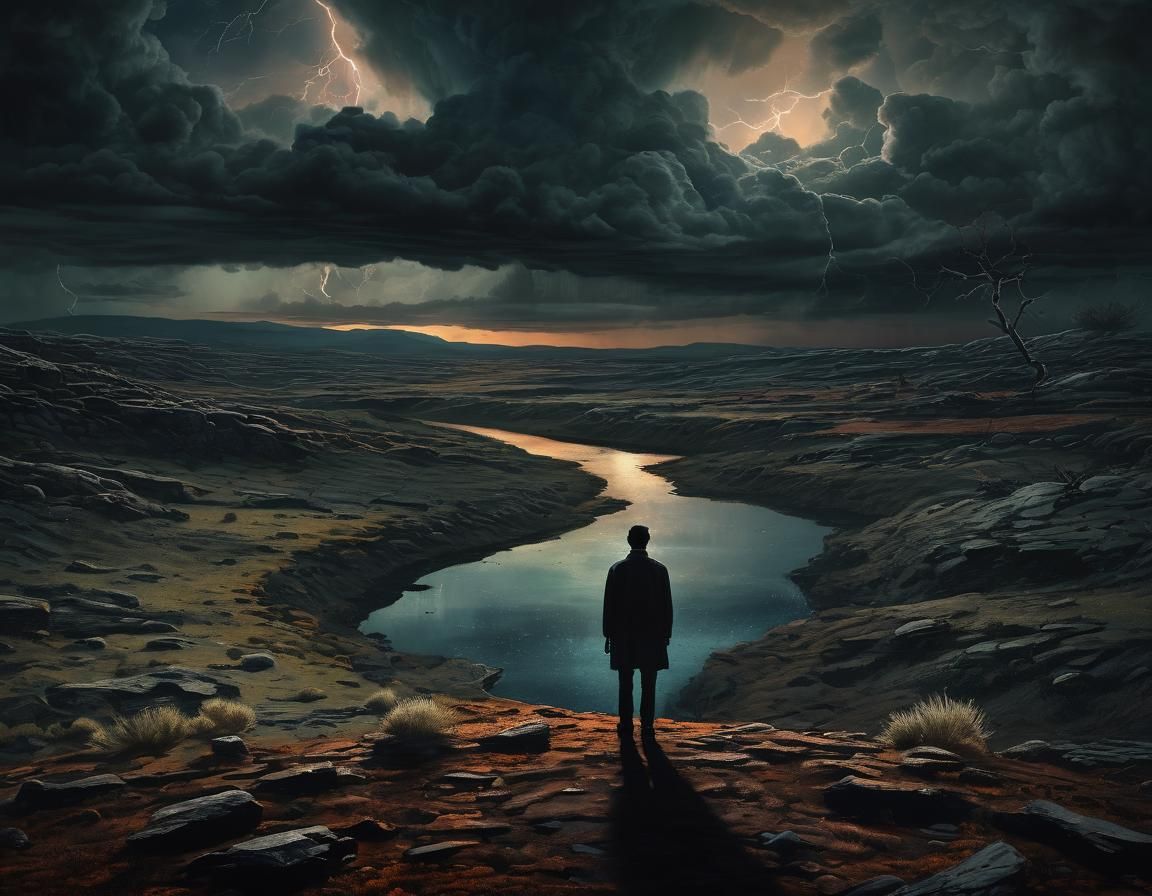 Surreal Figure in Eerie Landscape, Ominous Sky