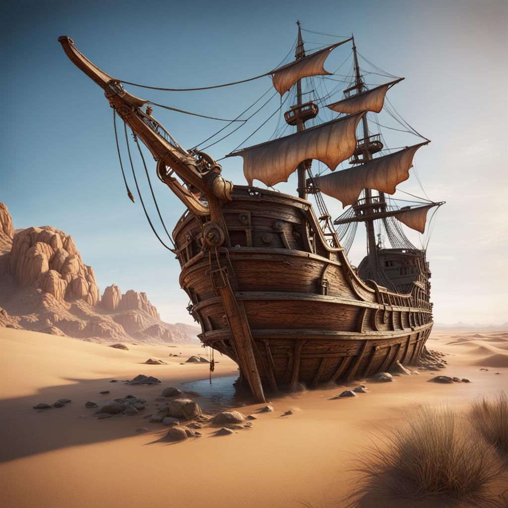 Pirate Ship Washed Up on Desert Island