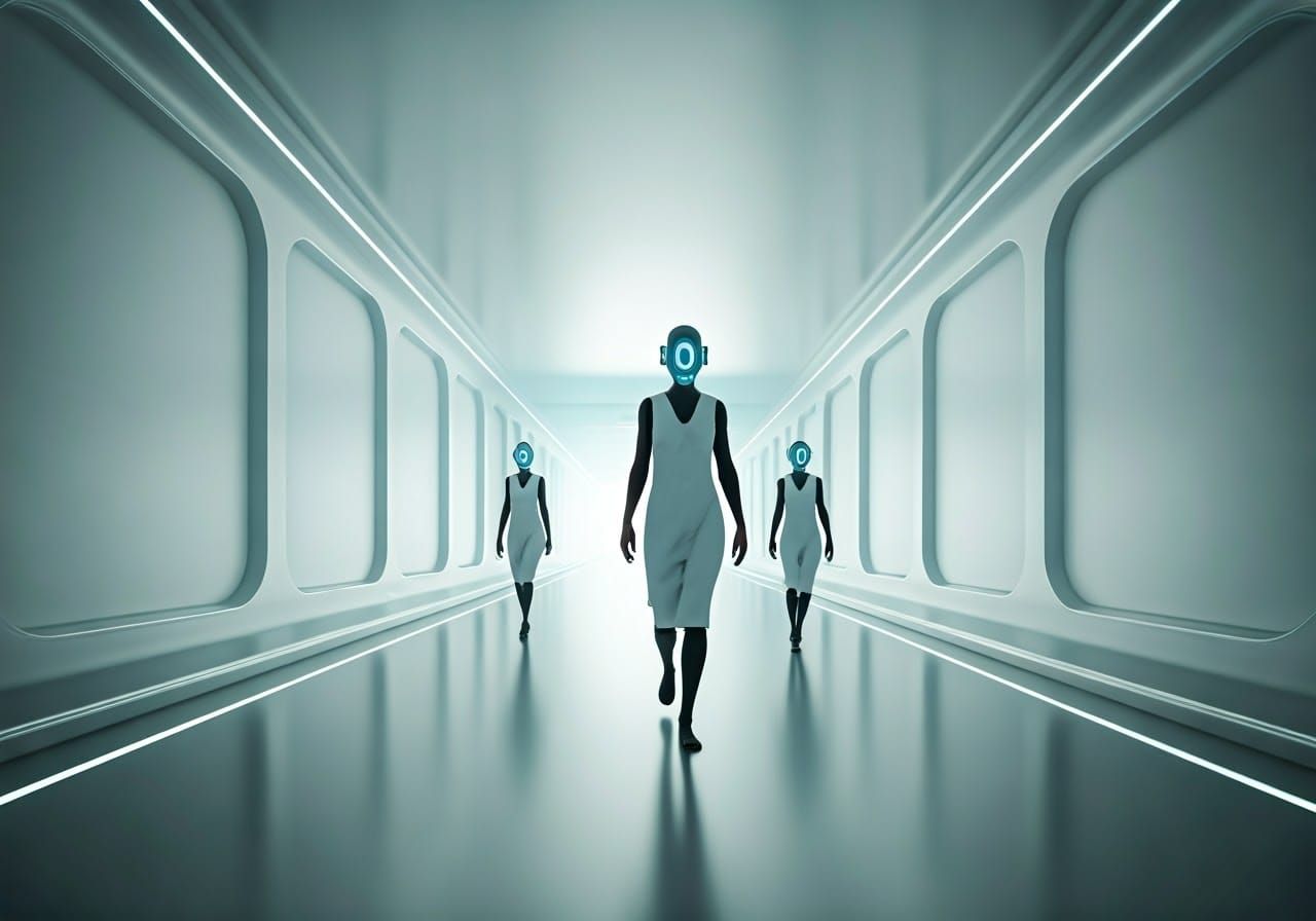 Humanoids in Futuristic Corridor with Dreamy Background