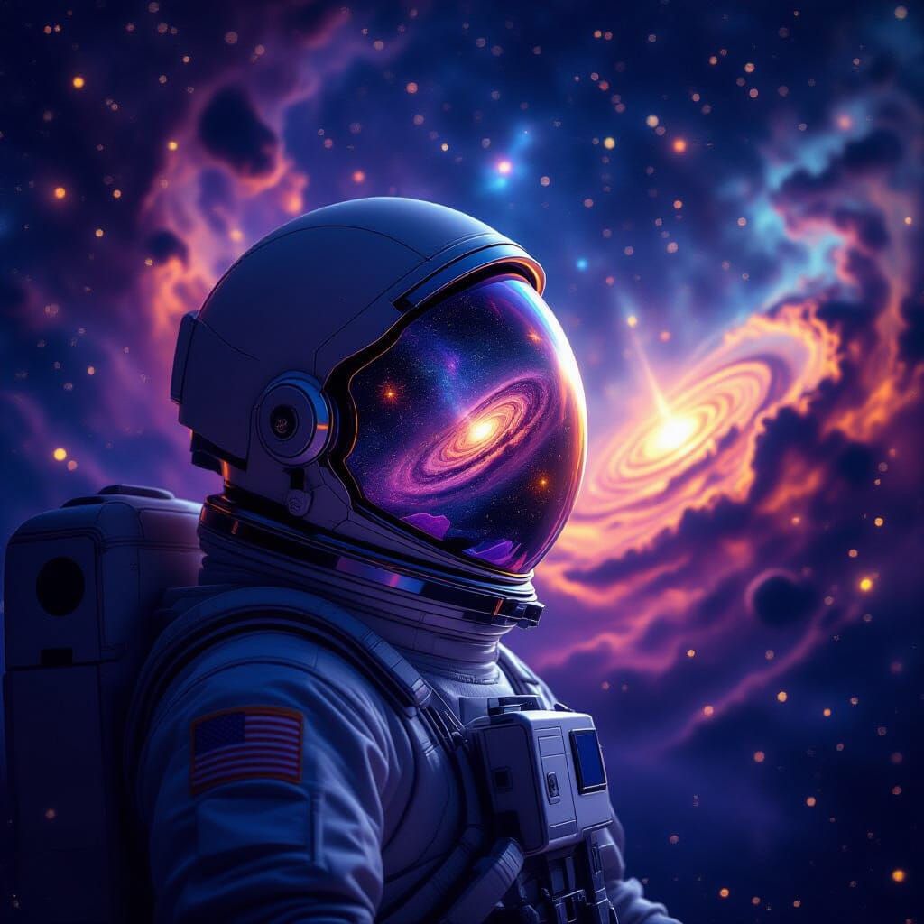 Astronaut Adrift in Cosmic Nebula with Galaxy Reflection