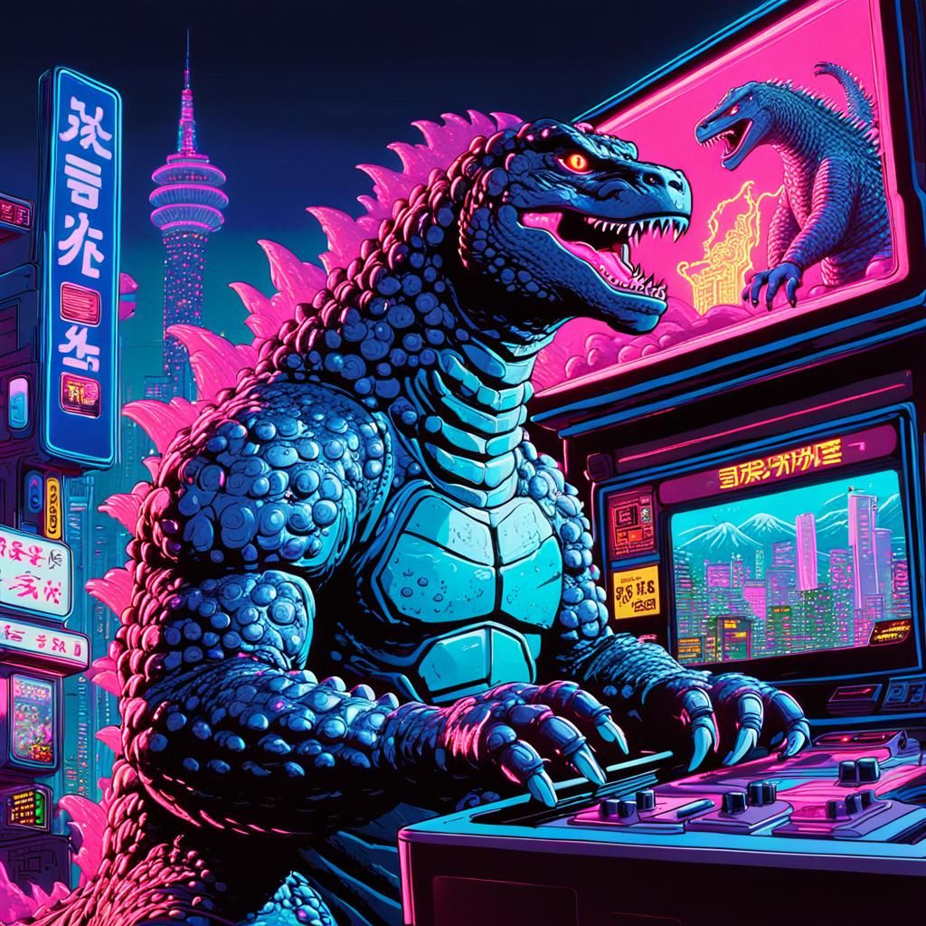 Godzilla Plays Video Games in Neon Tokyo Arcade