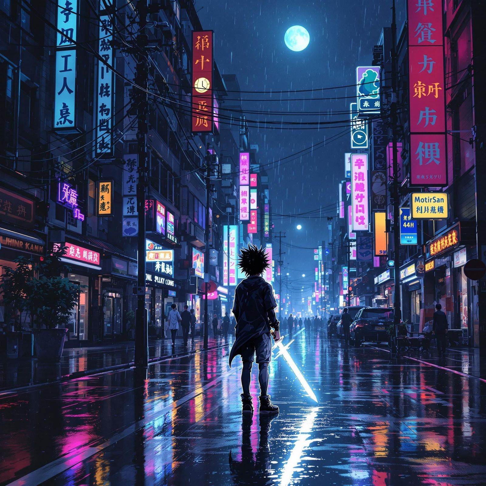 Anime style scene. Pale moonlight bathes a rain-slicked city street. A lone figure, clad in a tattered black school unif...